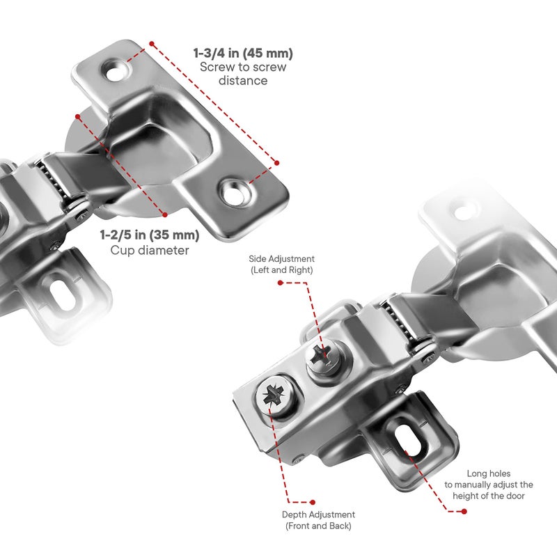 Berta 20 Pack, 3/8" Overlay Hinges, 45mm Stainless Steel Quiet 3D Soft Close Concealed for Face Frame Door ï¼† Frameless Door, 105Â° Open Angle Kitchen Replacement, Self Closing Hidden, Satin Nickel - Image 2